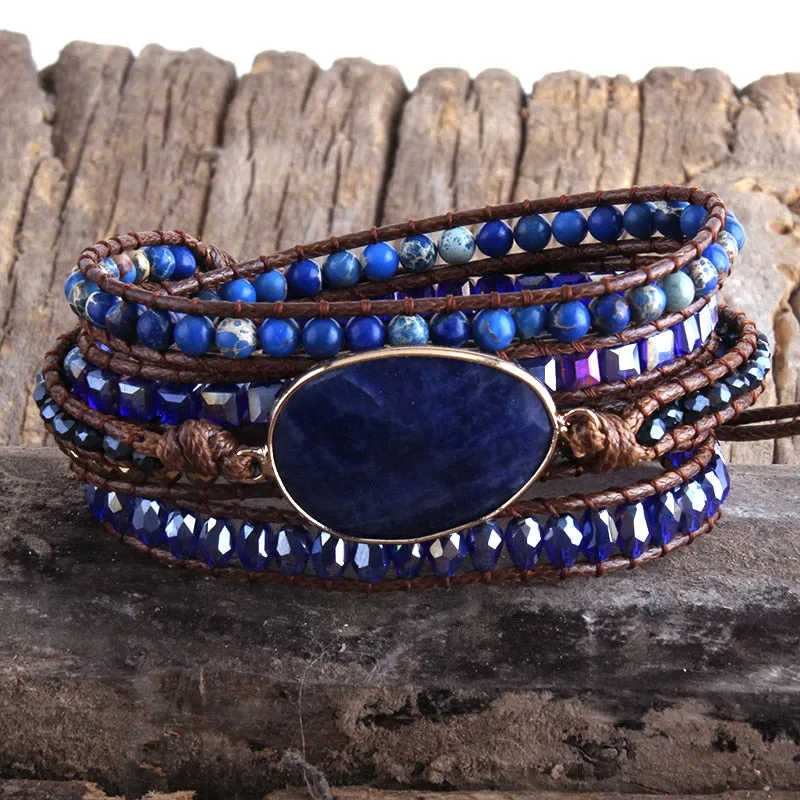 RH Fashion Leather Boho Armbander Green Mixed Natural Stones Charm 5 Strands Beaded Wrap Bracelets DropShipping