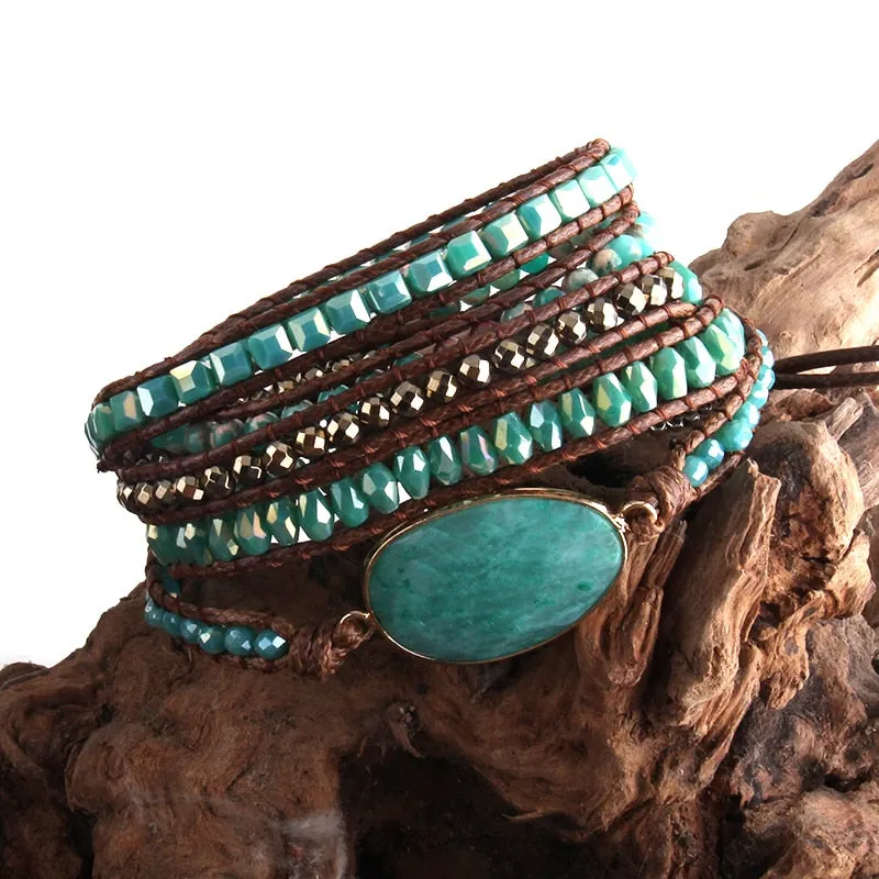 RH Fashion Leather Boho Armbander Green Mixed Natural Stones Charm 5 Strands Beaded Wrap Bracelets DropShipping