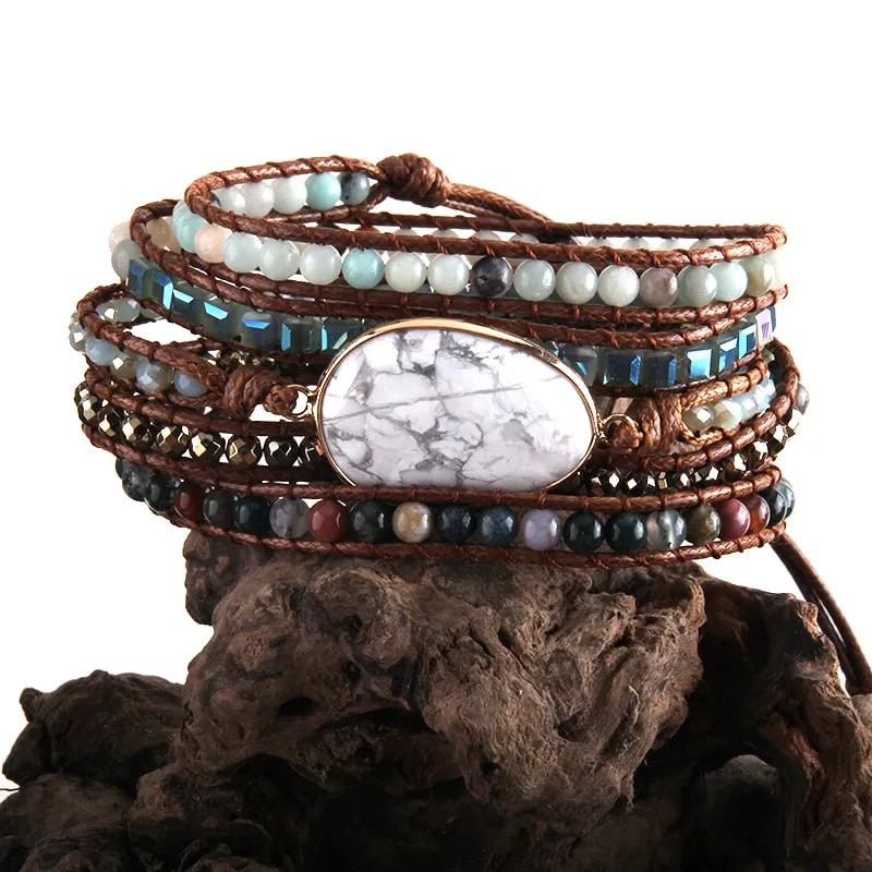 RH Fashion Leather Boho Armbander Green Mixed Natural Stones Charm 5 Strands Beaded Wrap Bracelets DropShipping