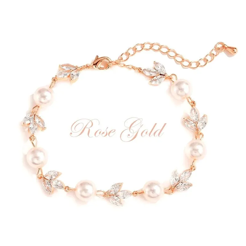 Rose Gold Wedding Bracelet with Pearls and Crystals 7635