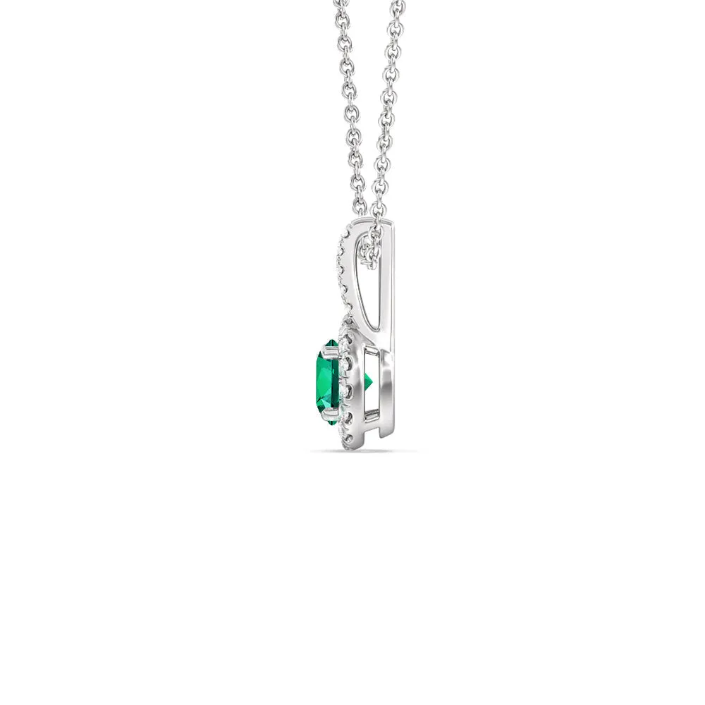 Round Shape Created Emerald and Lab Diamond Classic Halo Pendant With Studded Split Bale