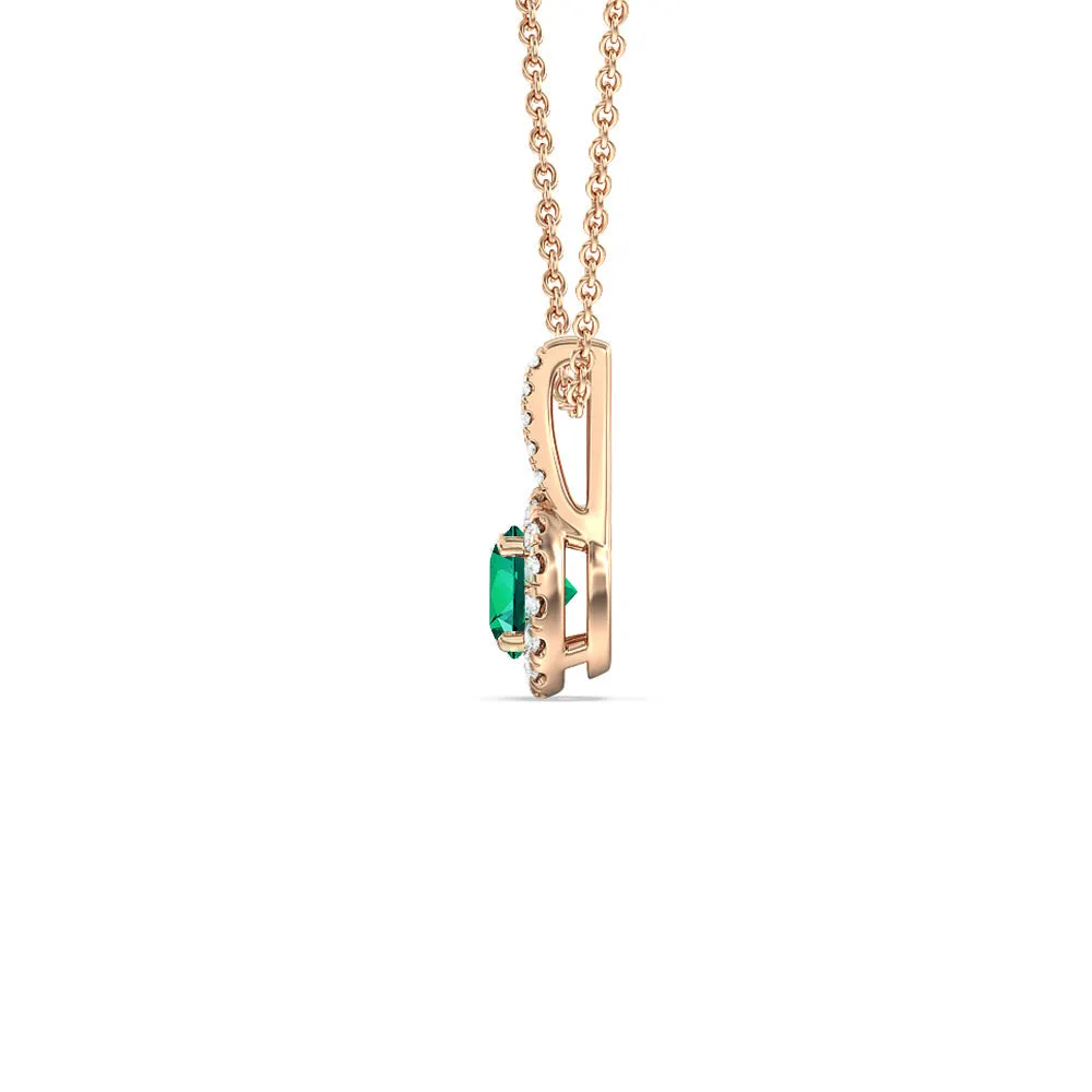 Round Shape Created Emerald and Lab Diamond Classic Halo Pendant With Studded Split Bale