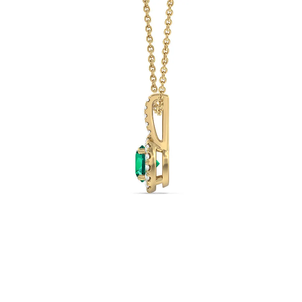Round Shape Created Emerald and Lab Diamond Classic Halo Pendant With Studded Split Bale