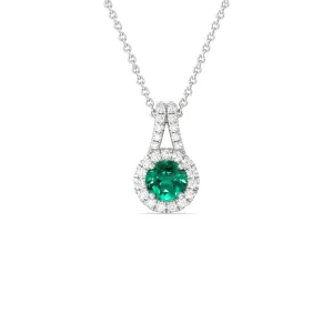Round Shape Created Emerald and Lab Diamond Classic Halo Pendant With Studded Split Bale