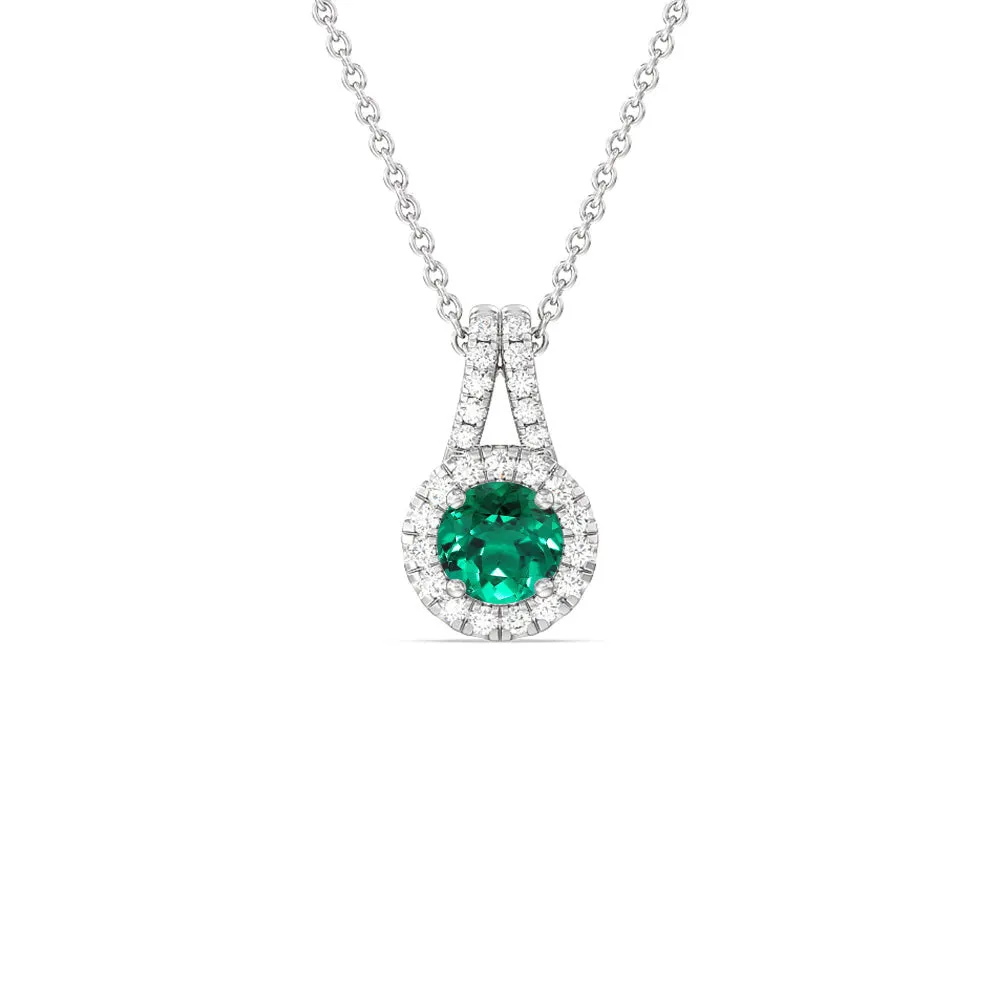 Round Shape Created Emerald and Lab Diamond Classic Halo Pendant With Studded Split Bale