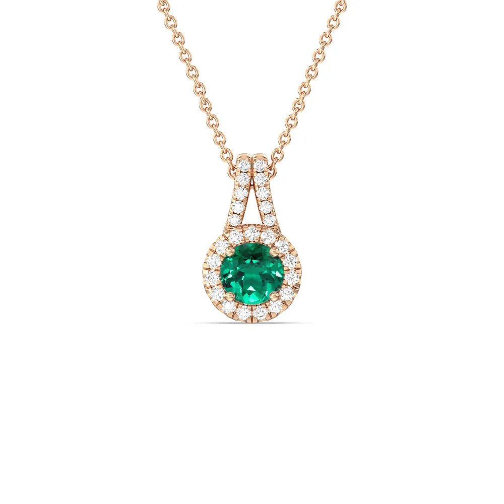 Round Shape Created Emerald and Lab Diamond Classic Halo Pendant With Studded Split Bale