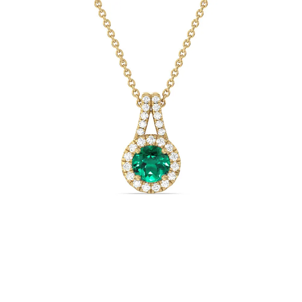 Round Shape Created Emerald and Lab Diamond Classic Halo Pendant With Studded Split Bale