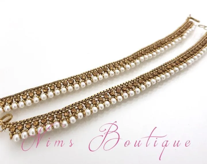 Royal Antique Gold Stone & Pearl Anklets