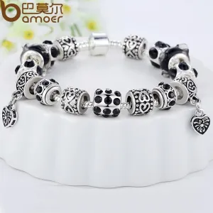 Russia Style  Silver Charm Bracelets With Black Murano Glass Beads Handmade DIY Jewelry PA1396