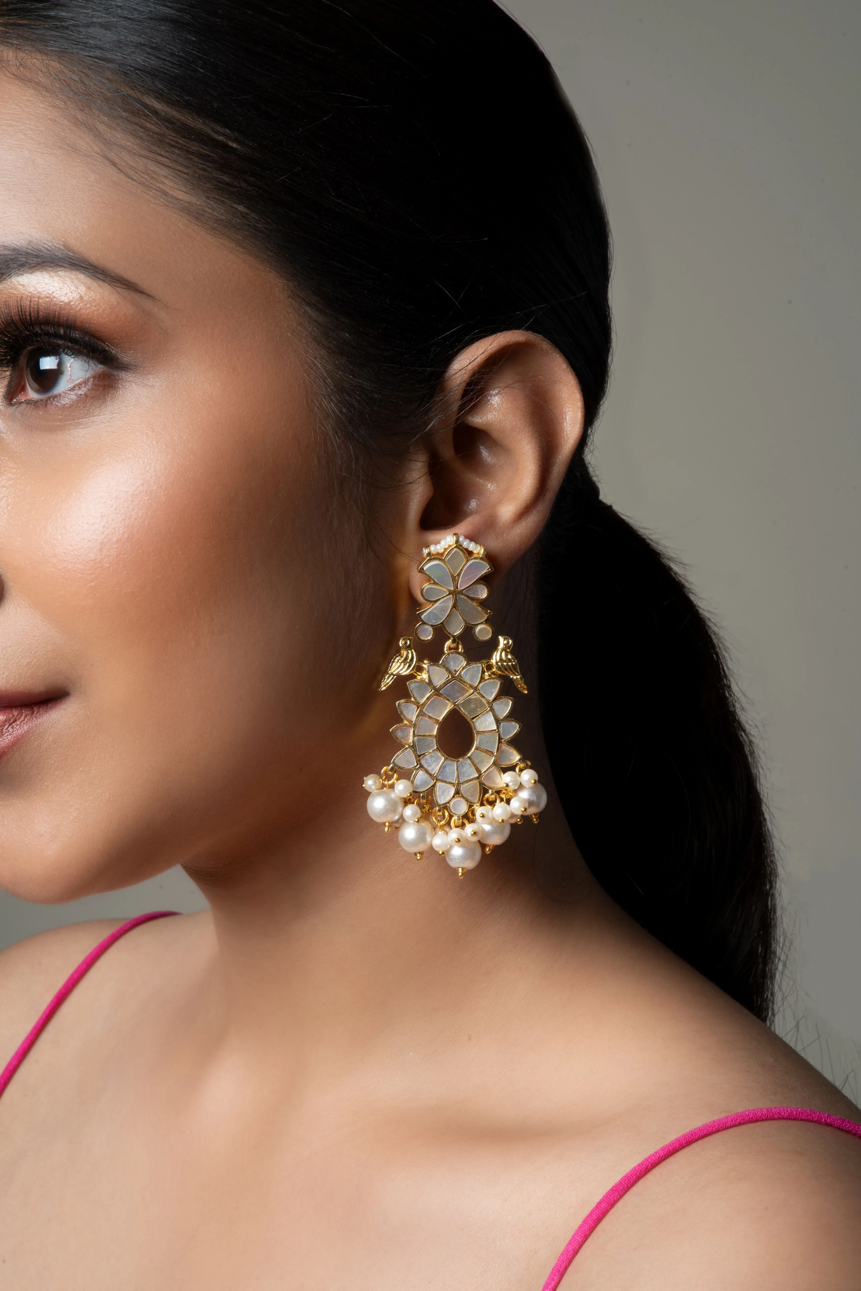 Shell Pearl Chaandbali Earring with bird motifs