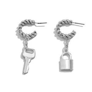 Silver Lock & Key Twist: Asymmetrical C Shape Earrings