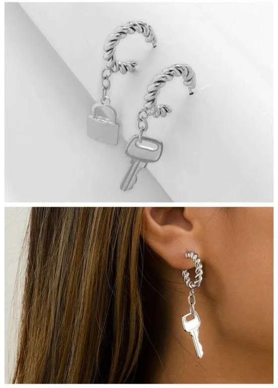Silver Lock & Key Twist: Asymmetrical C Shape Earrings