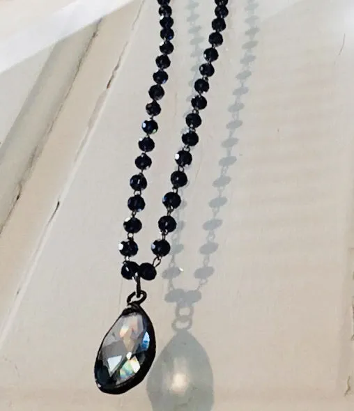 Single Crystal Teardrop Necklace, Crystal Beaded Chain, 40”