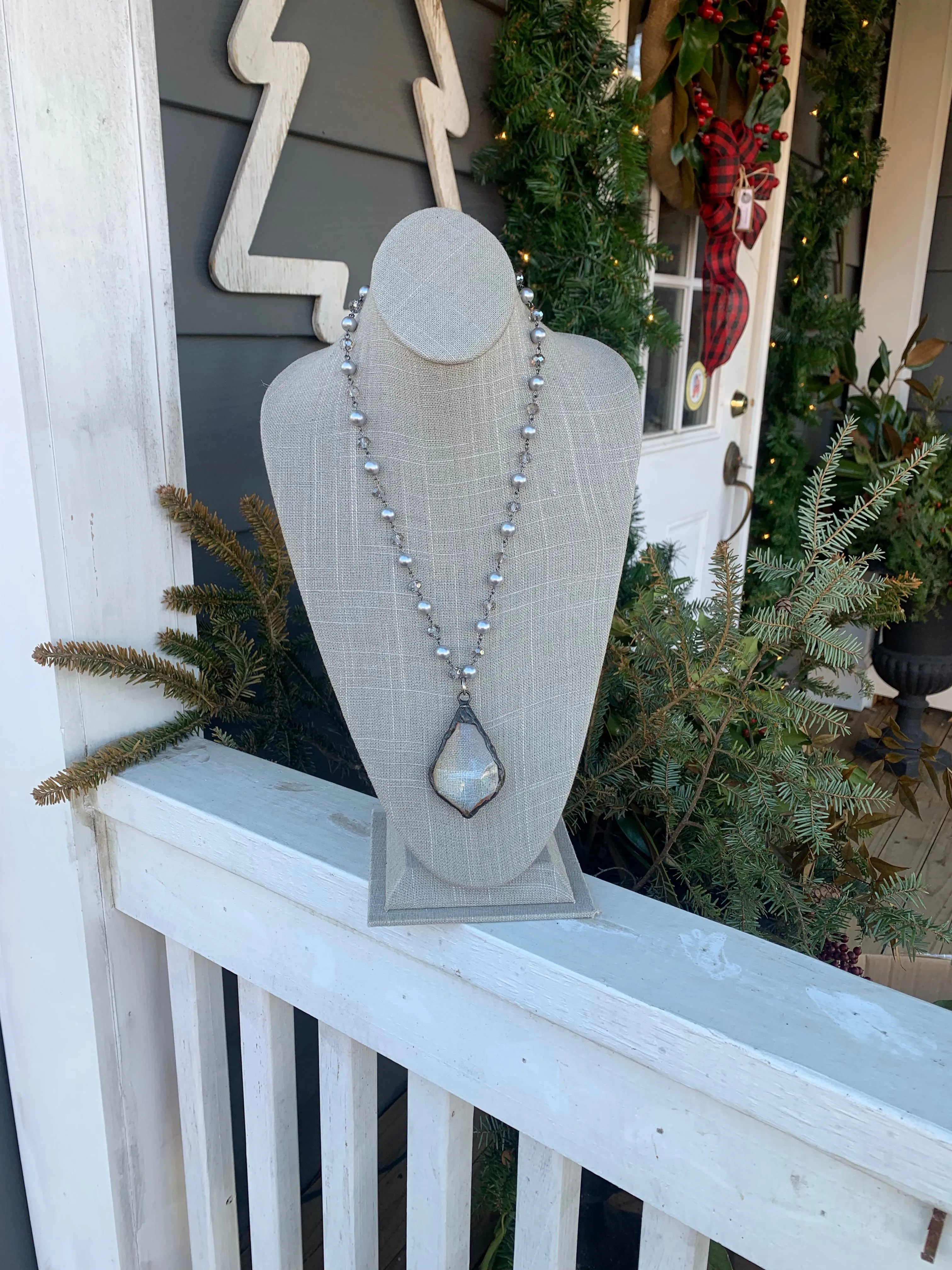 Single Crystal Teardrop Necklace, Crystal Beaded Chain, 40”