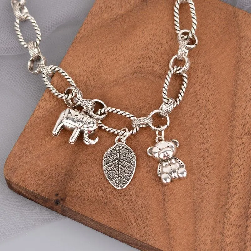 Stamp Thick Chain Charm Bracelets for Women - Fashion Hip Hop Vintage Bear Pendant Thai Silver Jewellery