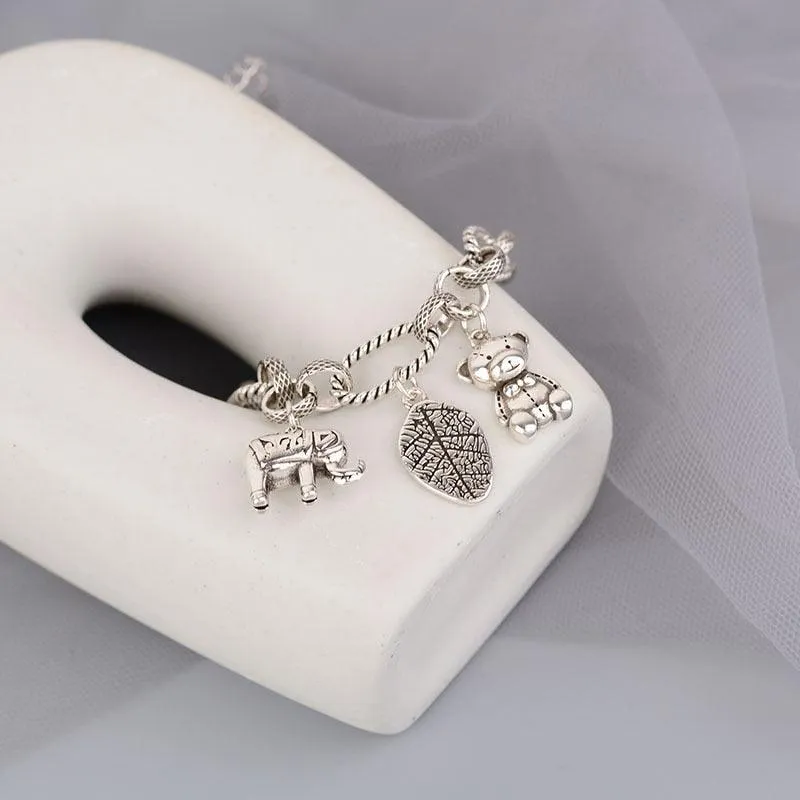Stamp Thick Chain Charm Bracelets for Women - Fashion Hip Hop Vintage Bear Pendant Thai Silver Jewellery