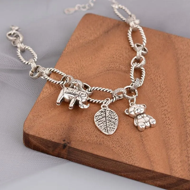 Stamp Thick Chain Charm Bracelets for Women - Fashion Hip Hop Vintage Bear Pendant Thai Silver Jewellery