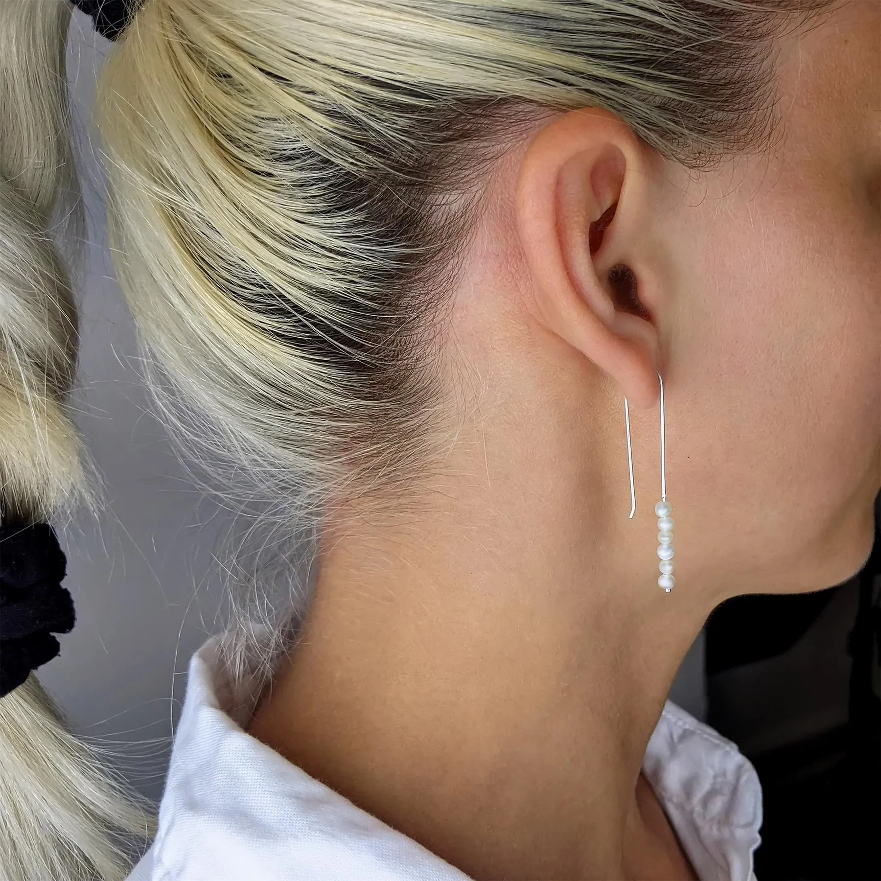 Sterling Silver Long Drop Freshwater Pearl Bead Threader Earrings