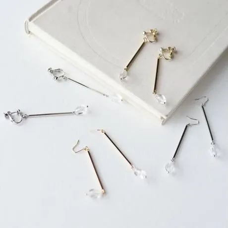 Stick clear beaded pierced earrings/Clip-on earrings