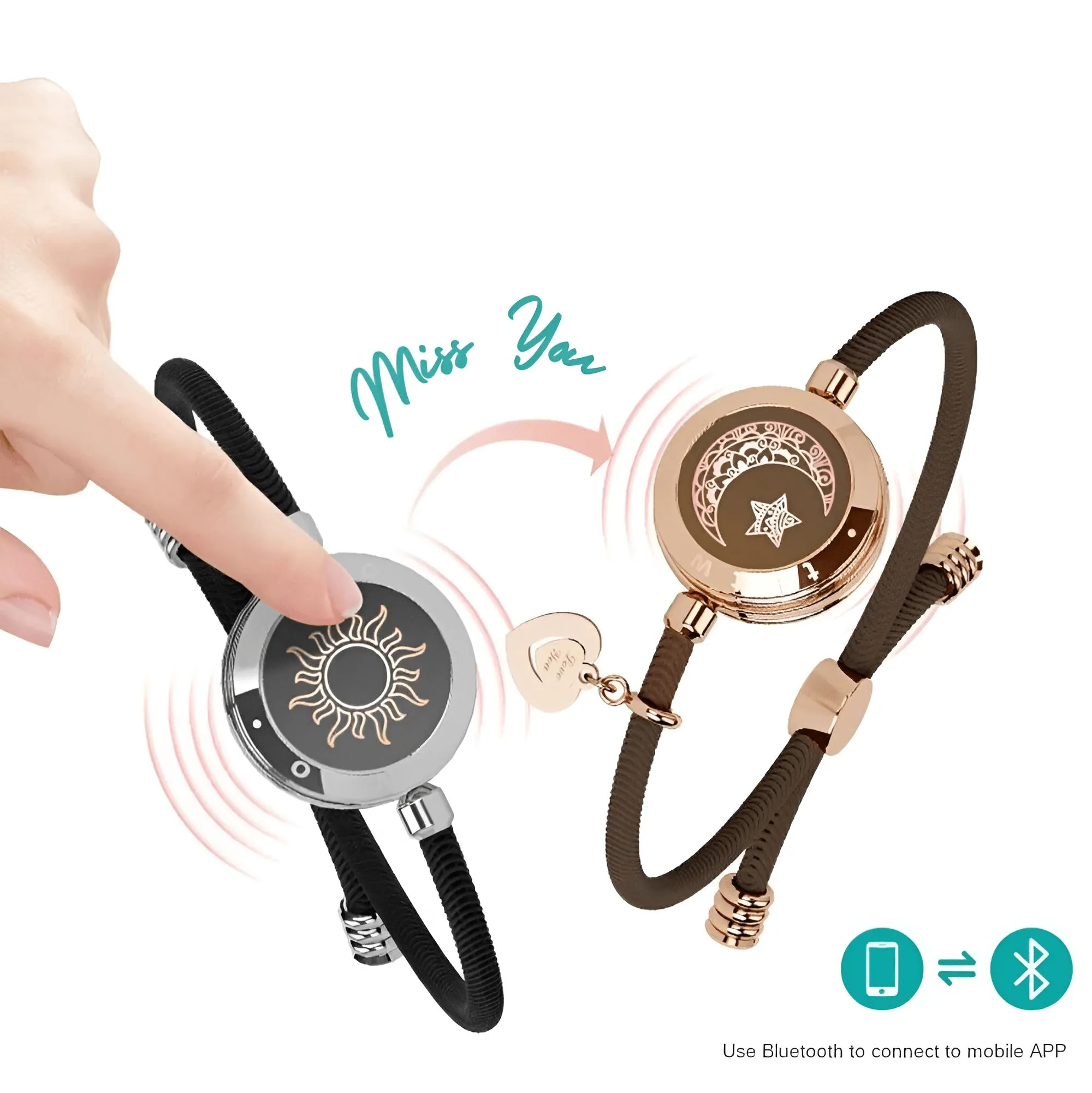 Touch Light Up & Vibrate Long Distance Love Bracelets For Couples Long Distance Relationship Gifts Smart Sun & Moon Love Bracelets