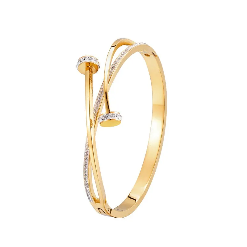 Trendy Double Cross Rhinestone Nail Head Stainless Steel Bangle Bracelets
