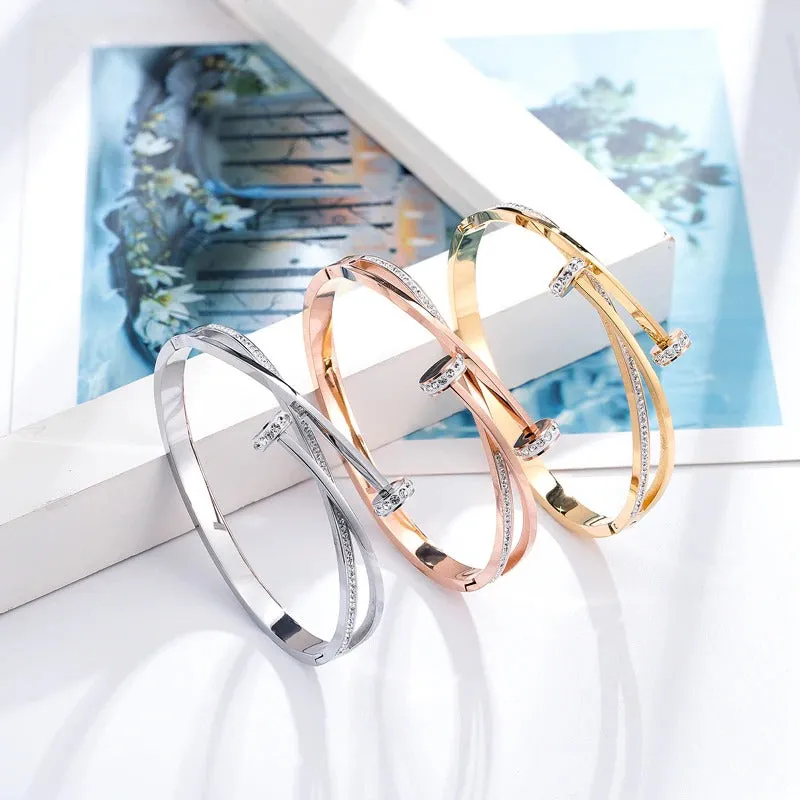 Trendy Double Cross Rhinestone Nail Head Stainless Steel Bangle Bracelets