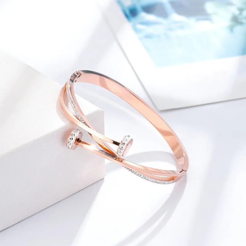 Trendy Double Cross Rhinestone Nail Head Stainless Steel Bangle Bracelets