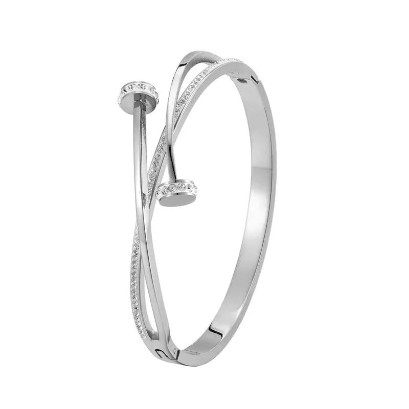 Trendy Double Cross Rhinestone Nail Head Stainless Steel Bangle Bracelets