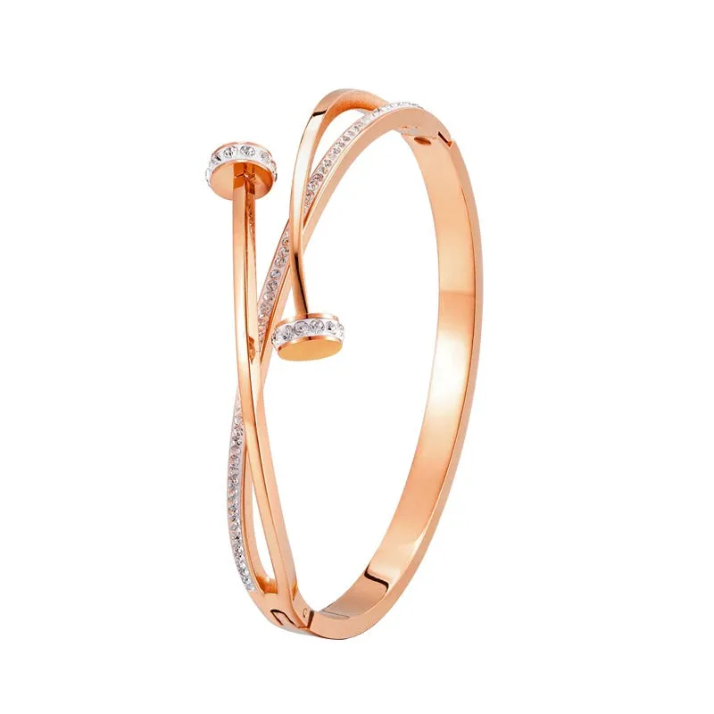 Trendy Double Cross Rhinestone Nail Head Stainless Steel Bangle Bracelets