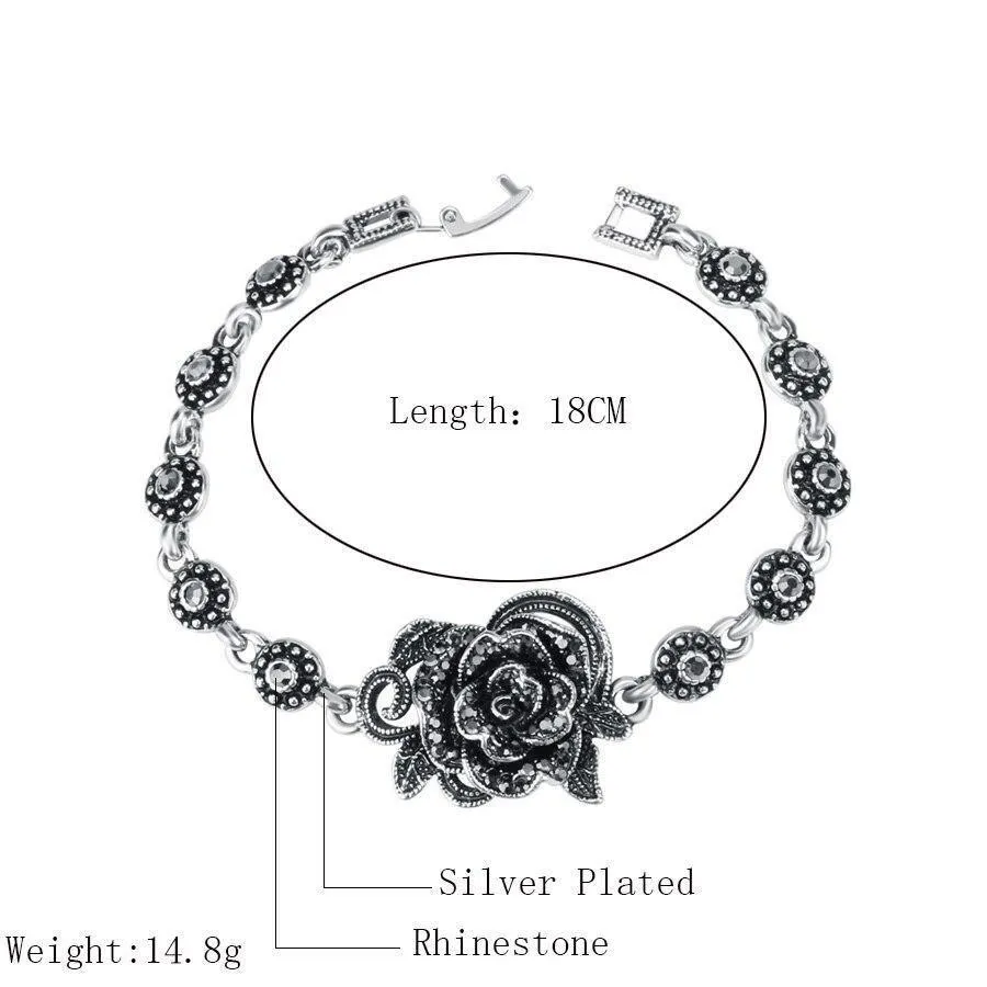 Trendy Romantic Vintage Rose Flower Crystal Silver Colour Fashion Bracelet