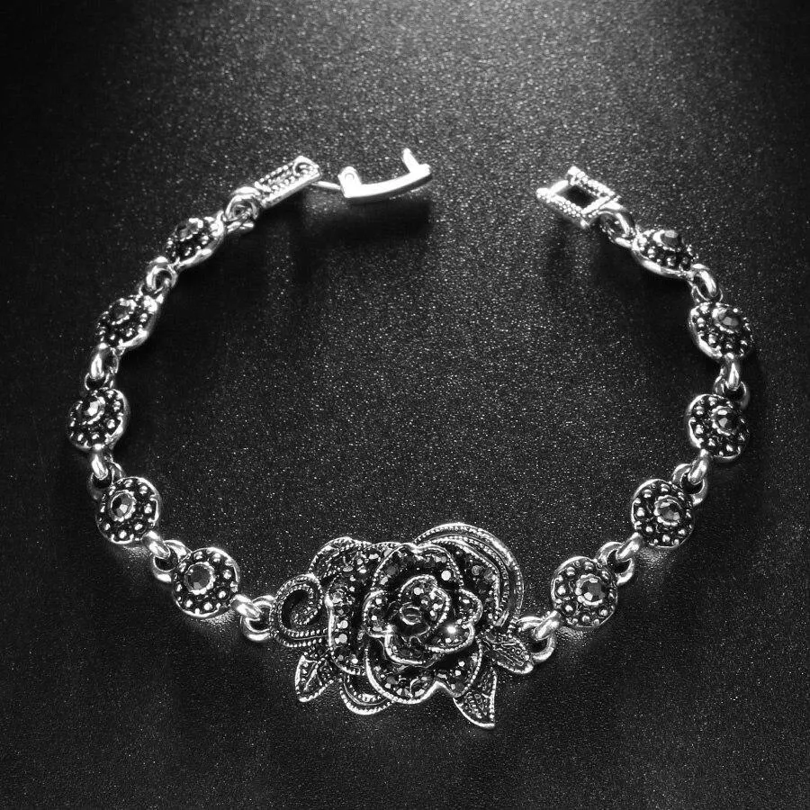 Trendy Romantic Vintage Rose Flower Crystal Silver Colour Fashion Bracelet