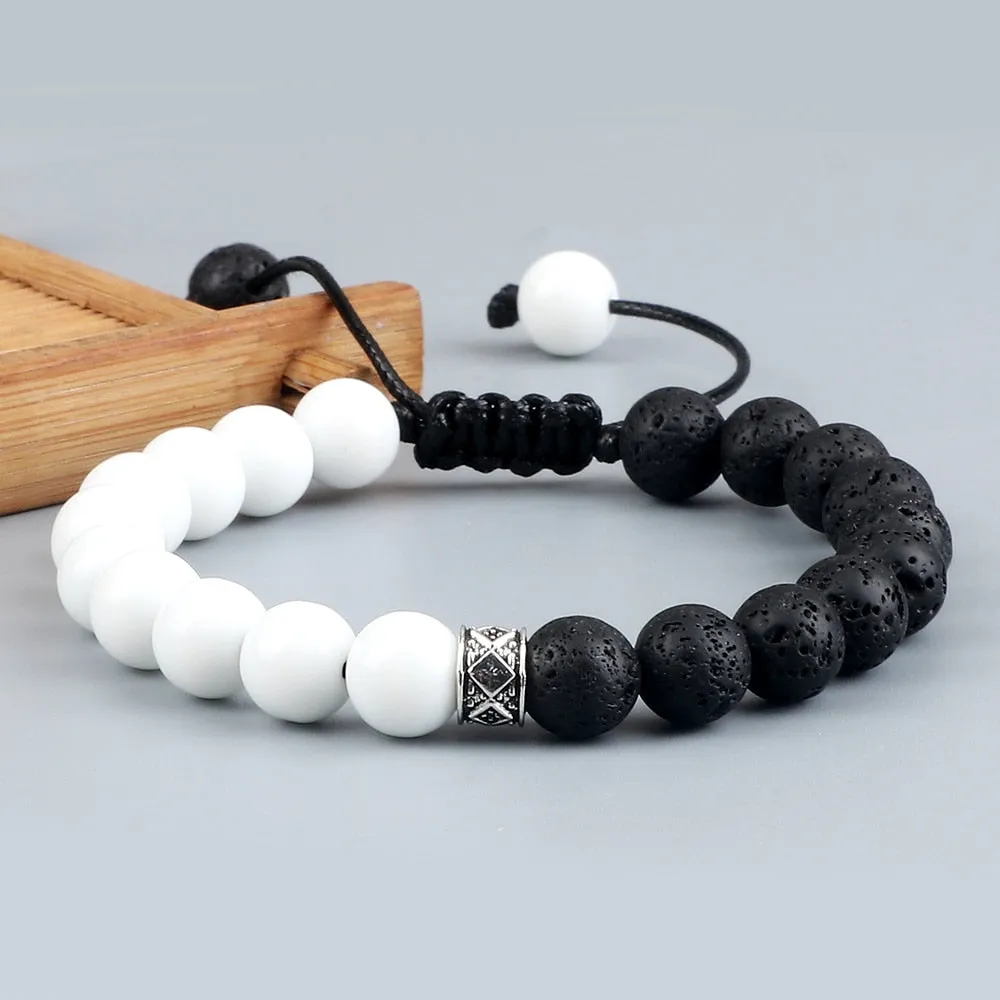 Trendy White Men Beads Bracelet Handmade Natural Tiger Eye Lava Stone