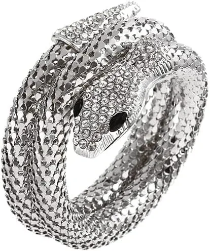 Urieo Punk Snake Bracelet Silver Crystal Bracelets Curved Rhinestones Stretch Anklet Bracelets for Women