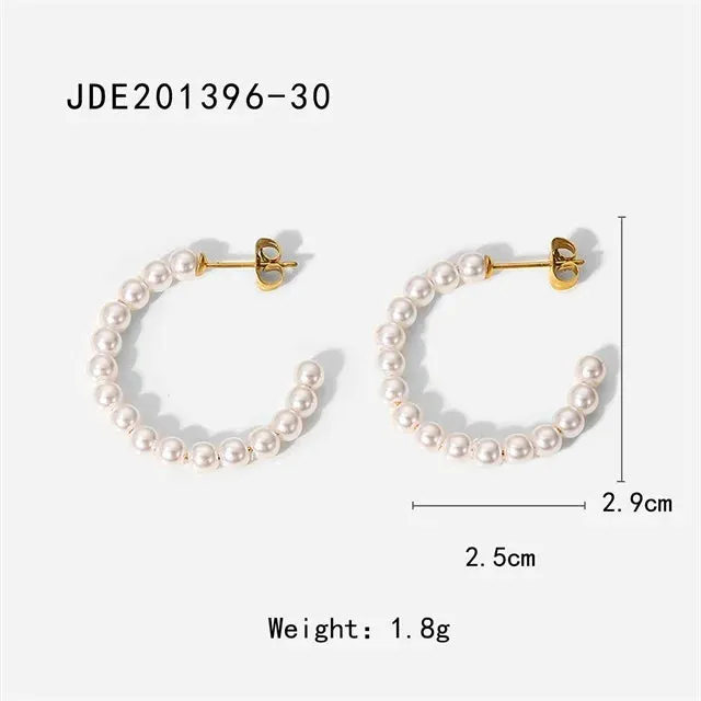 VAIGE Classic Stainless Steel Pearl C-Shaped Hoop Earrings - Waterproof Fashion Jewelry Gift