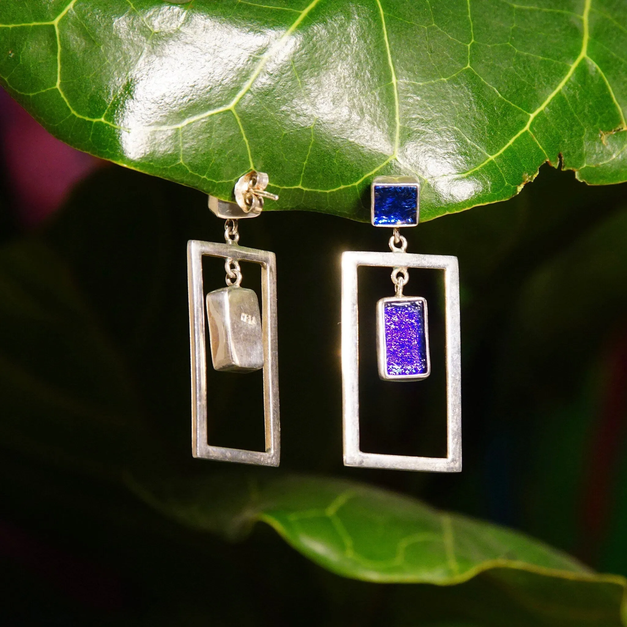 Vintage Modernist Sterling Silver Art Glass Pierced Dangle Earrings, Geometric Open Frames, Vibrant Blue Foil Glass, 925 Earrings, 1 5/8" L