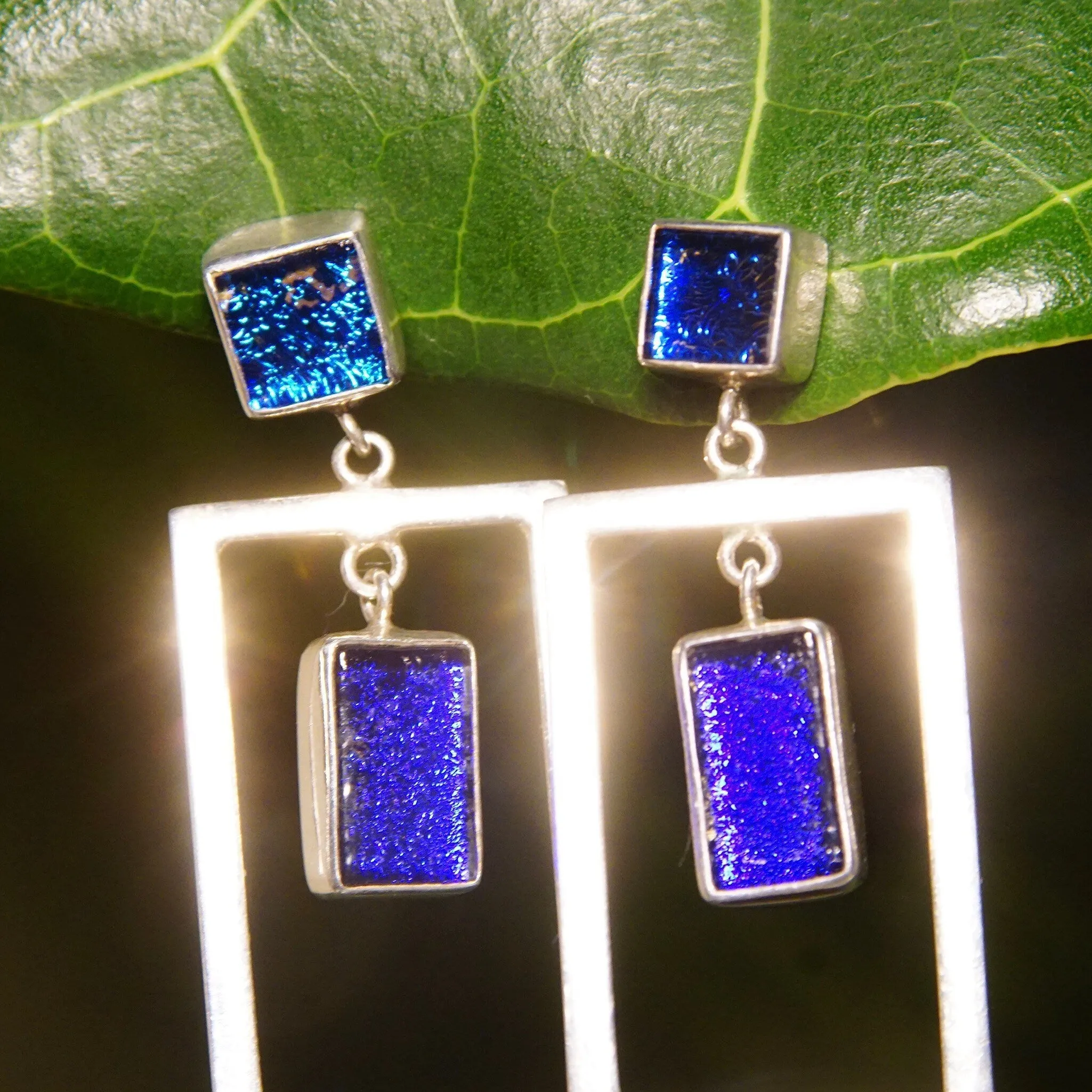 Vintage Modernist Sterling Silver Art Glass Pierced Dangle Earrings, Geometric Open Frames, Vibrant Blue Foil Glass, 925 Earrings, 1 5/8" L