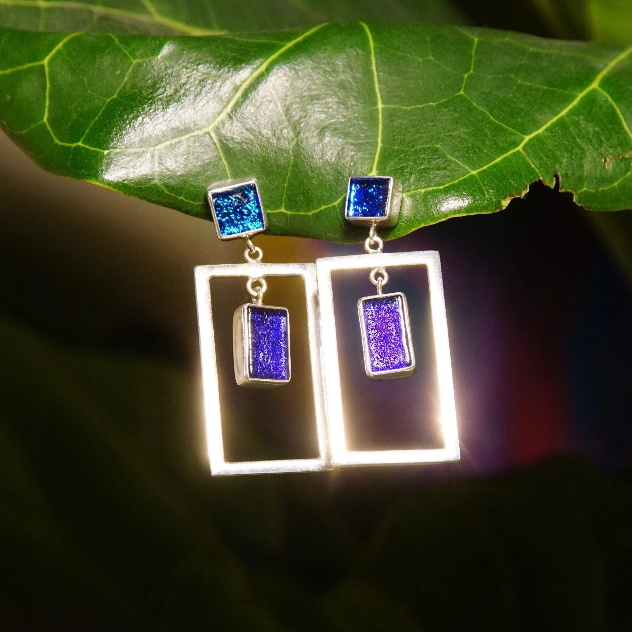 Vintage Modernist Sterling Silver Art Glass Pierced Dangle Earrings, Geometric Open Frames, Vibrant Blue Foil Glass, 925 Earrings, 1 5/8" L