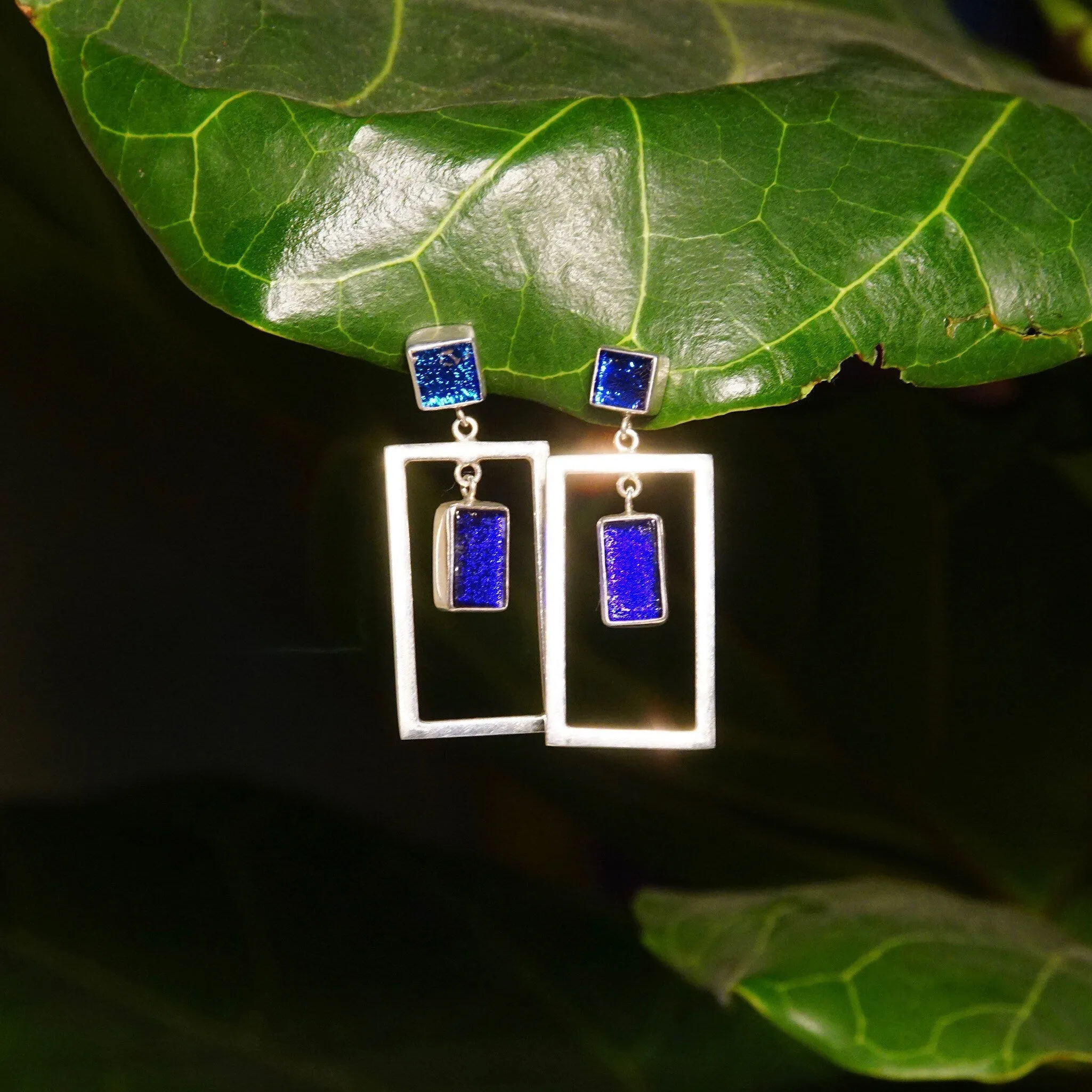 Vintage Modernist Sterling Silver Art Glass Pierced Dangle Earrings, Geometric Open Frames, Vibrant Blue Foil Glass, 925 Earrings, 1 5/8" L
