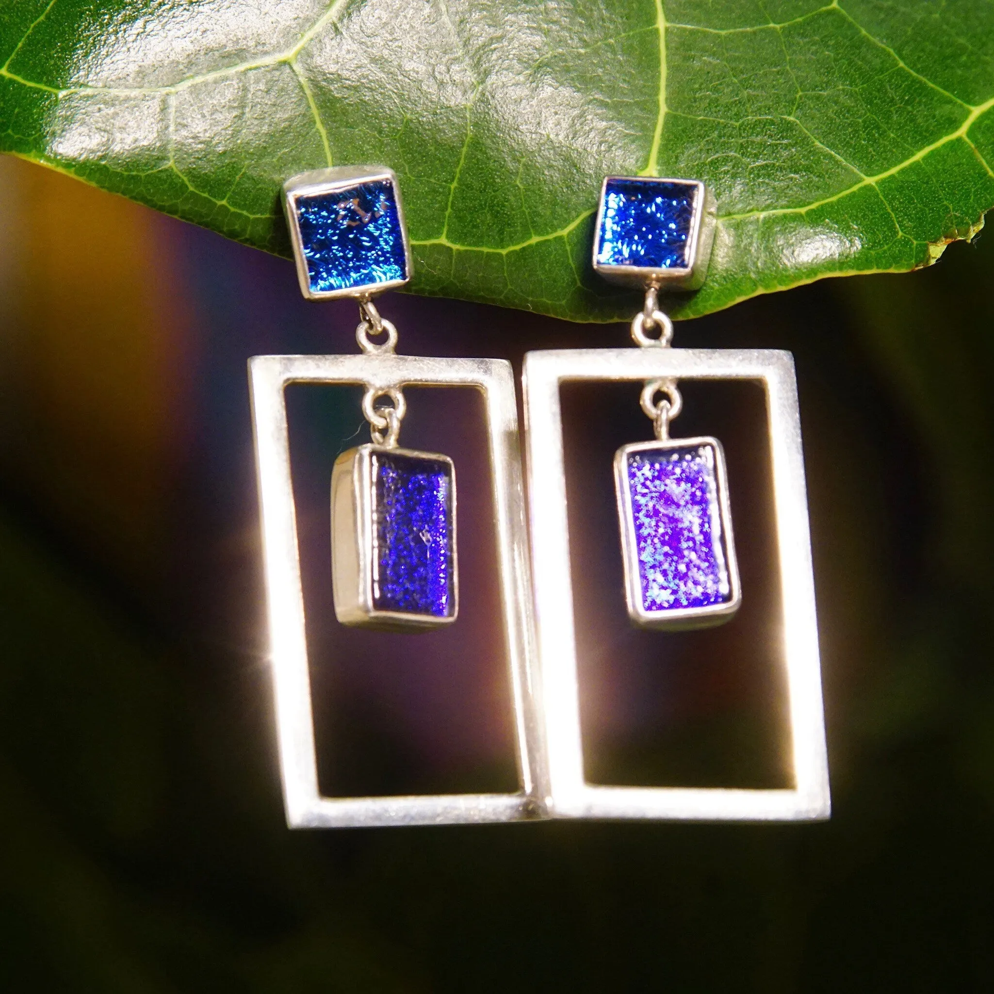 Vintage Modernist Sterling Silver Art Glass Pierced Dangle Earrings, Geometric Open Frames, Vibrant Blue Foil Glass, 925 Earrings, 1 5/8" L