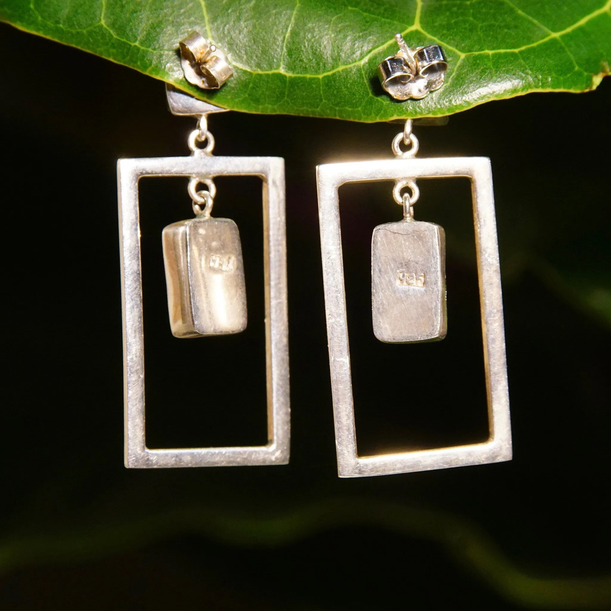 Vintage Modernist Sterling Silver Art Glass Pierced Dangle Earrings, Geometric Open Frames, Vibrant Blue Foil Glass, 925 Earrings, 1 5/8" L