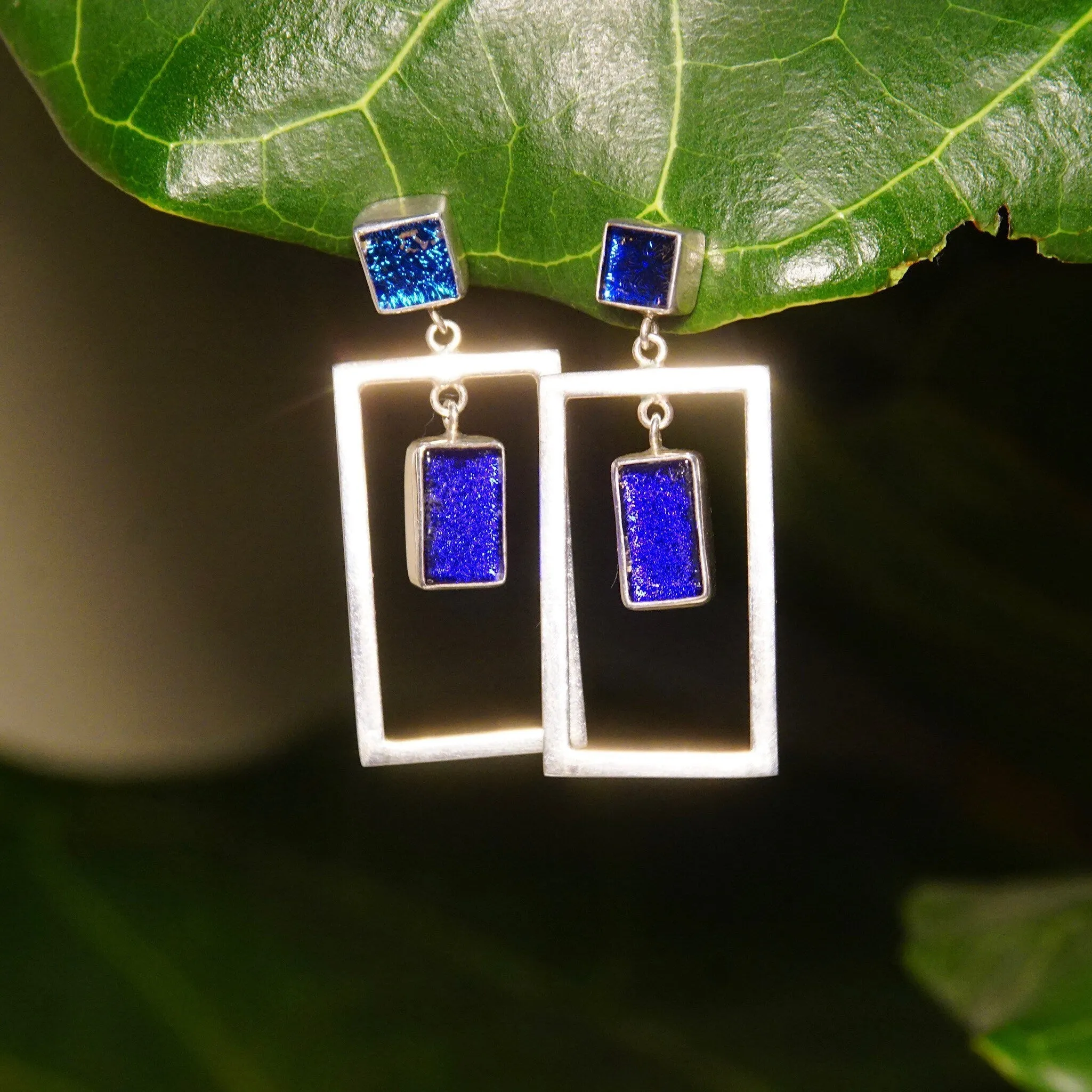 Vintage Modernist Sterling Silver Art Glass Pierced Dangle Earrings, Geometric Open Frames, Vibrant Blue Foil Glass, 925 Earrings, 1 5/8" L