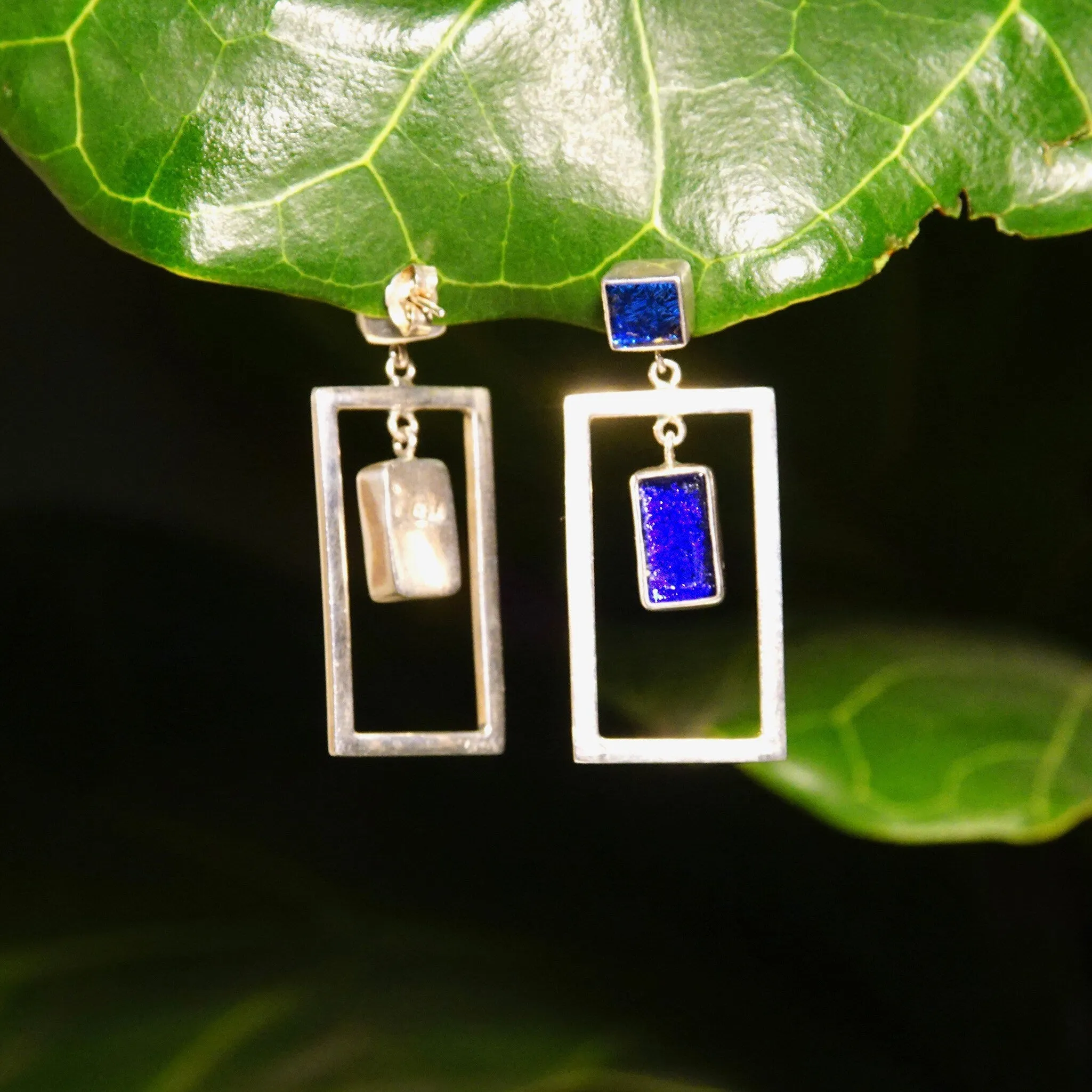 Vintage Modernist Sterling Silver Art Glass Pierced Dangle Earrings, Geometric Open Frames, Vibrant Blue Foil Glass, 925 Earrings, 1 5/8" L
