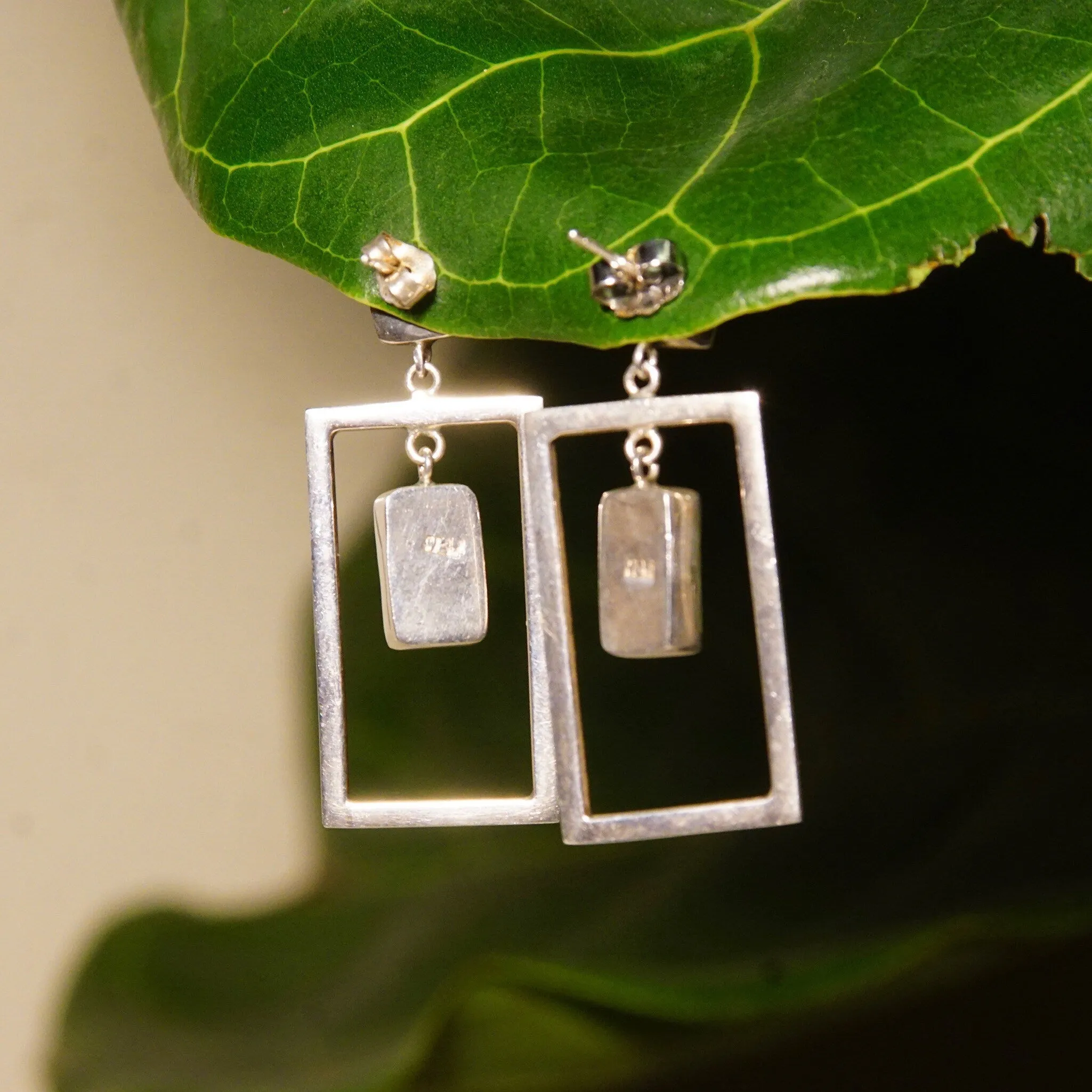 Vintage Modernist Sterling Silver Art Glass Pierced Dangle Earrings, Geometric Open Frames, Vibrant Blue Foil Glass, 925 Earrings, 1 5/8" L