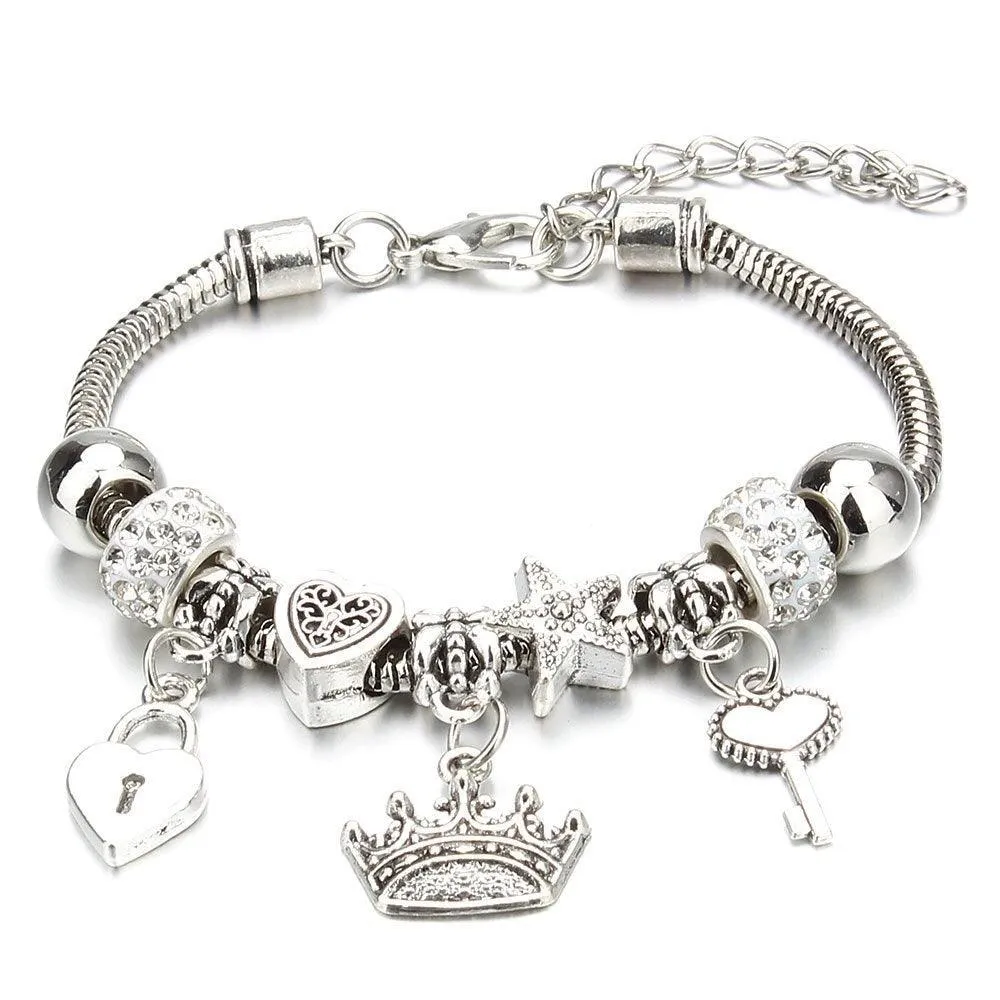 Vintage Original Heart-Shaped Key Lock Rhinestone Beads Charm Bracelets for Women -  Jewellery Gifts