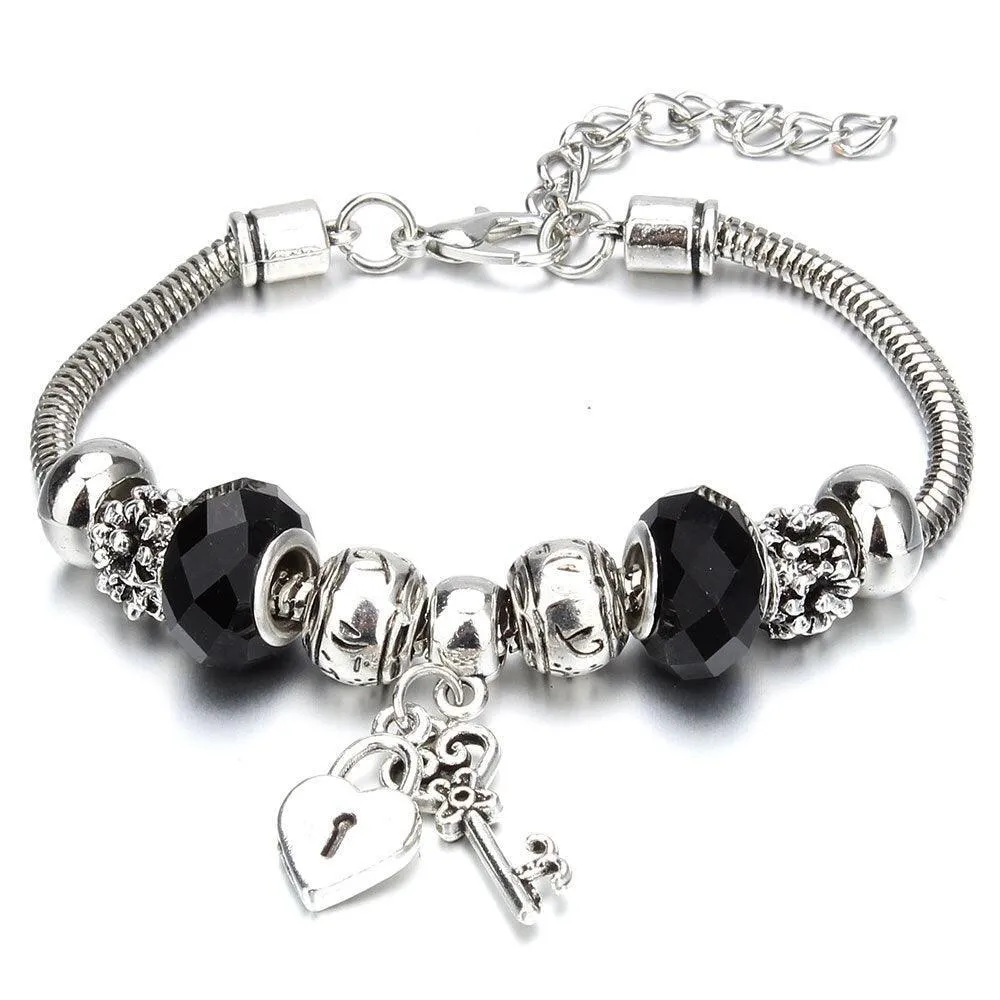 Vintage Original Heart-Shaped Key Lock Rhinestone Beads Charm Bracelets for Women -  Jewellery Gifts