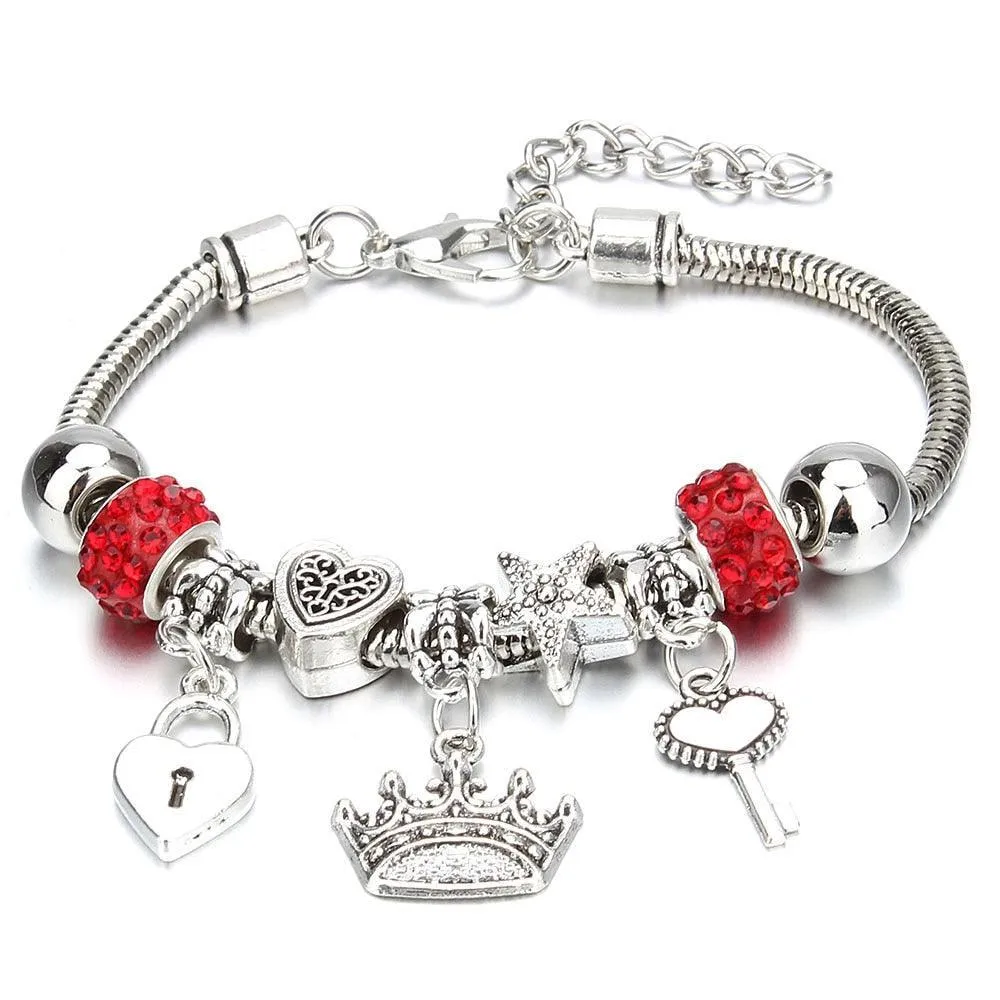 Vintage Original Heart-Shaped Key Lock Rhinestone Beads Charm Bracelets for Women -  Jewellery Gifts