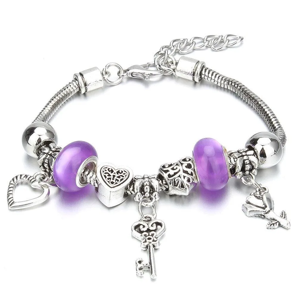 Vintage Original Heart-Shaped Key Lock Rhinestone Beads Charm Bracelets for Women -  Jewellery Gifts