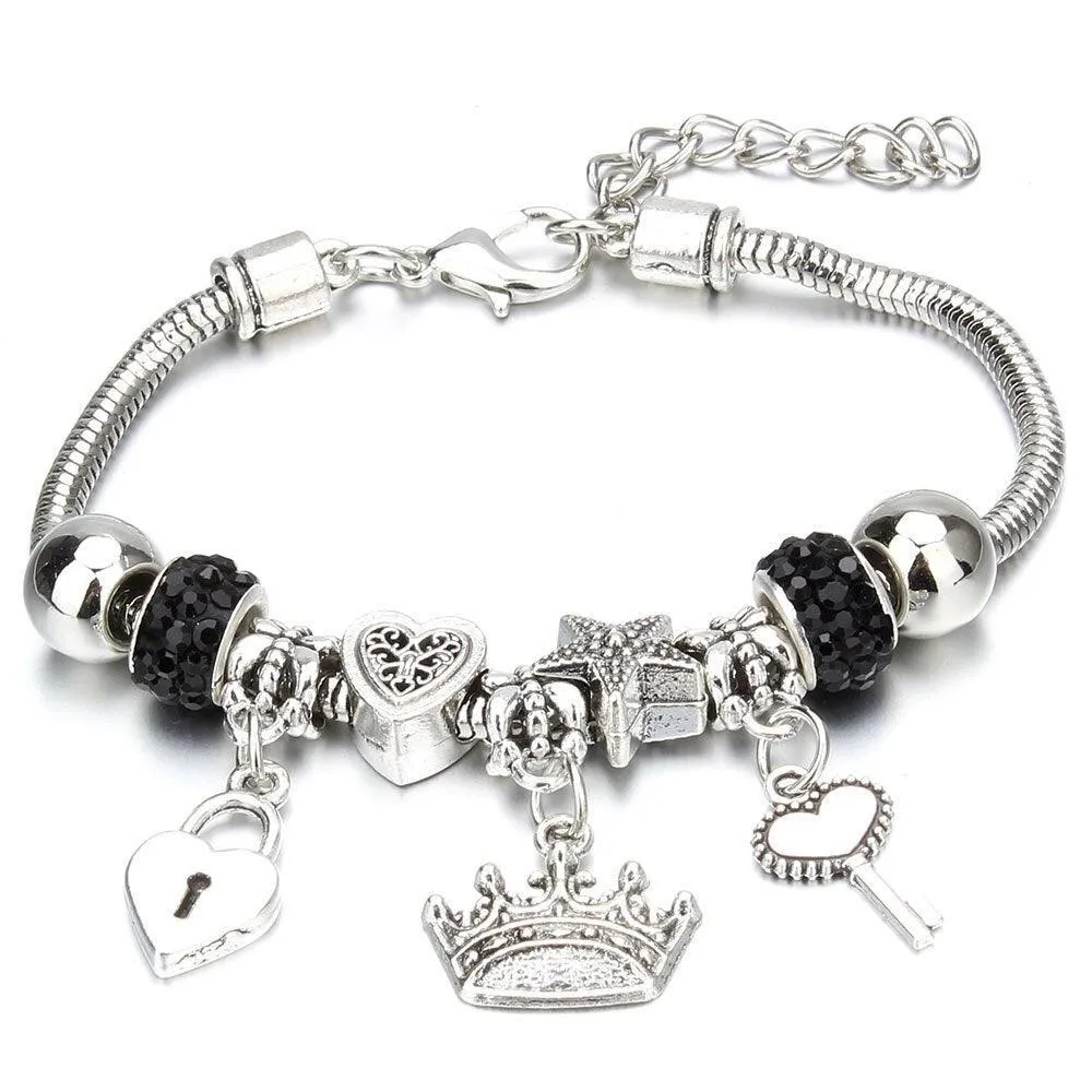 Vintage Original Heart-Shaped Key Lock Rhinestone Beads Charm Bracelets for Women -  Jewellery Gifts