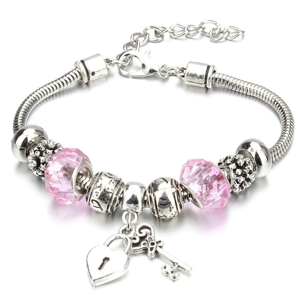 Vintage Original Heart-Shaped Key Lock Rhinestone Beads Charm Bracelets for Women -  Jewellery Gifts
