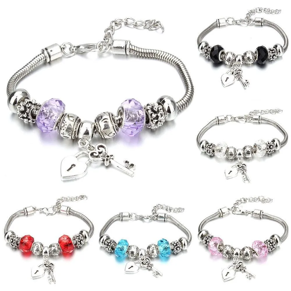 Vintage Original Heart-Shaped Key Lock Rhinestone Beads Charm Bracelets for Women -  Jewellery Gifts